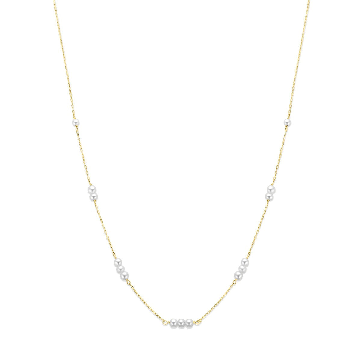 9k geelgouden collier met parels, voorzien van een fijne schakel en meerdere parels in verschillende groottes.