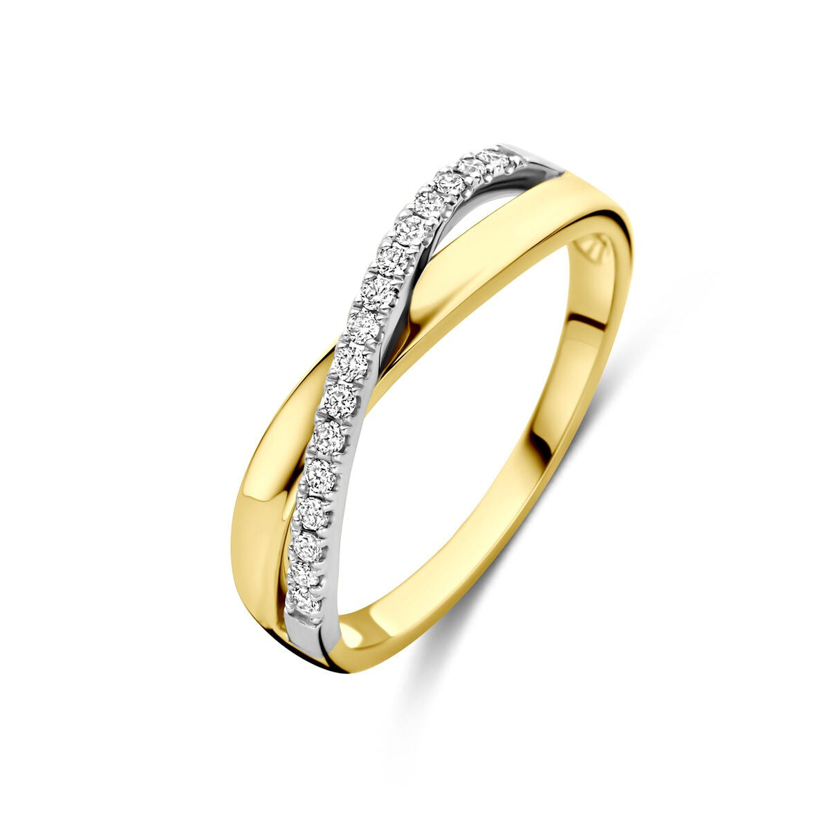 Anello bicolore in oro 14k con diamanti – 0,14 ct, 5 mm di larghezza.
