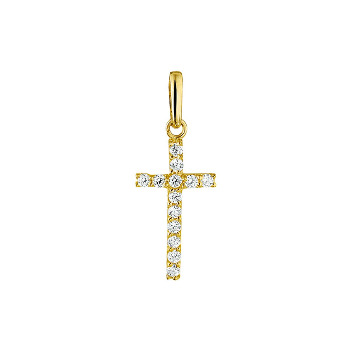 Ciondolo a croce in oro giallo 9k con zirconia, decorato con pietre scintillanti.