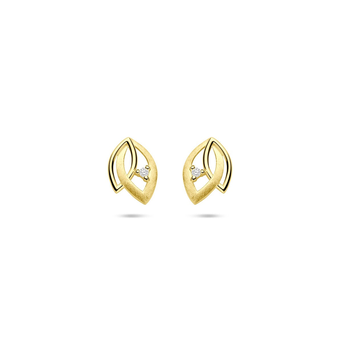 Orecchini in oro giallo 14k con diamante 0,02 ct, forma a foglia, misura 9,5 mm.