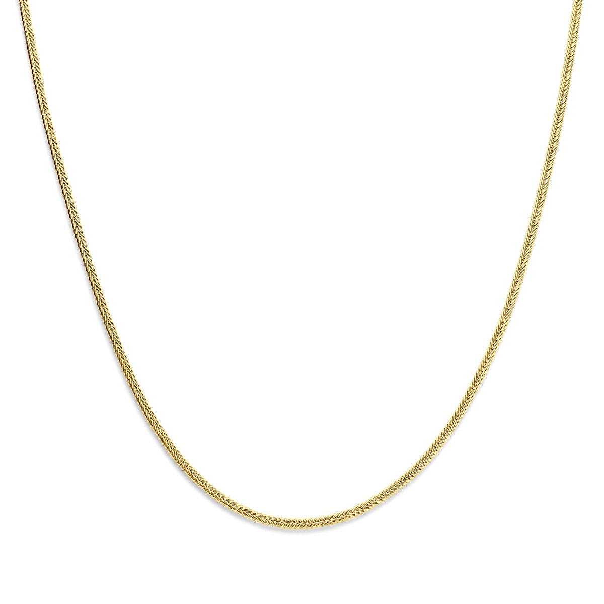 Geelgouden dames ketting met een zilverkern, gladde afwerking en een verfijnde, slanke vorm.