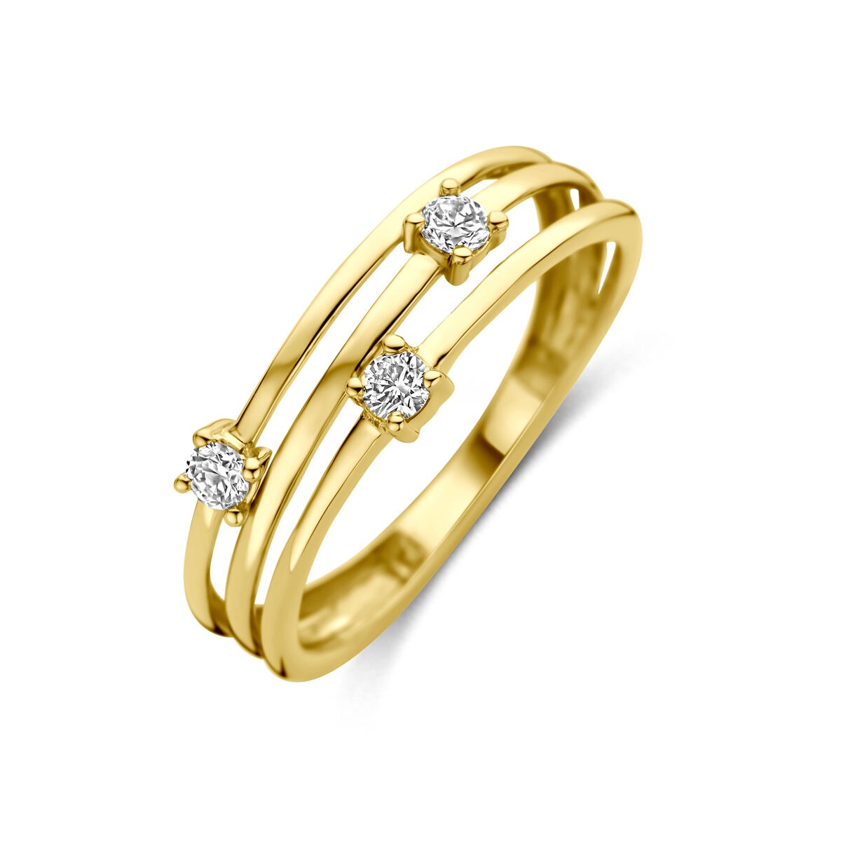 Anello in oro giallo 14k con diamanti lab-grown, design a tre fasce con pietre brillanti.