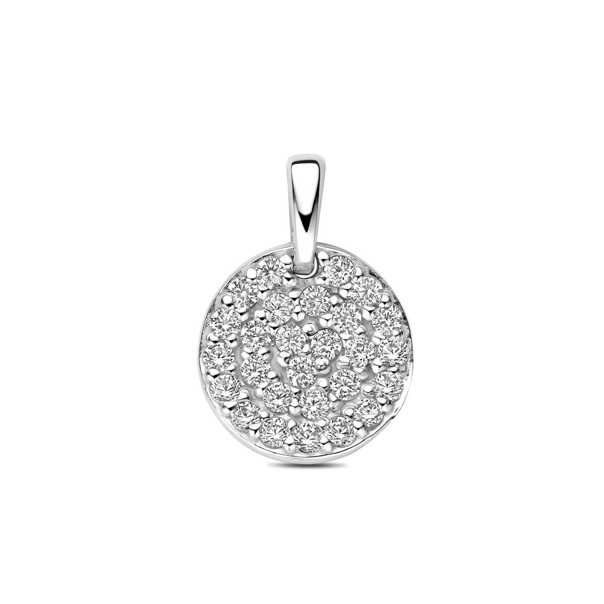 Ciondolo in argento rodiato con zircone, forma rotonda e superficie decorata.