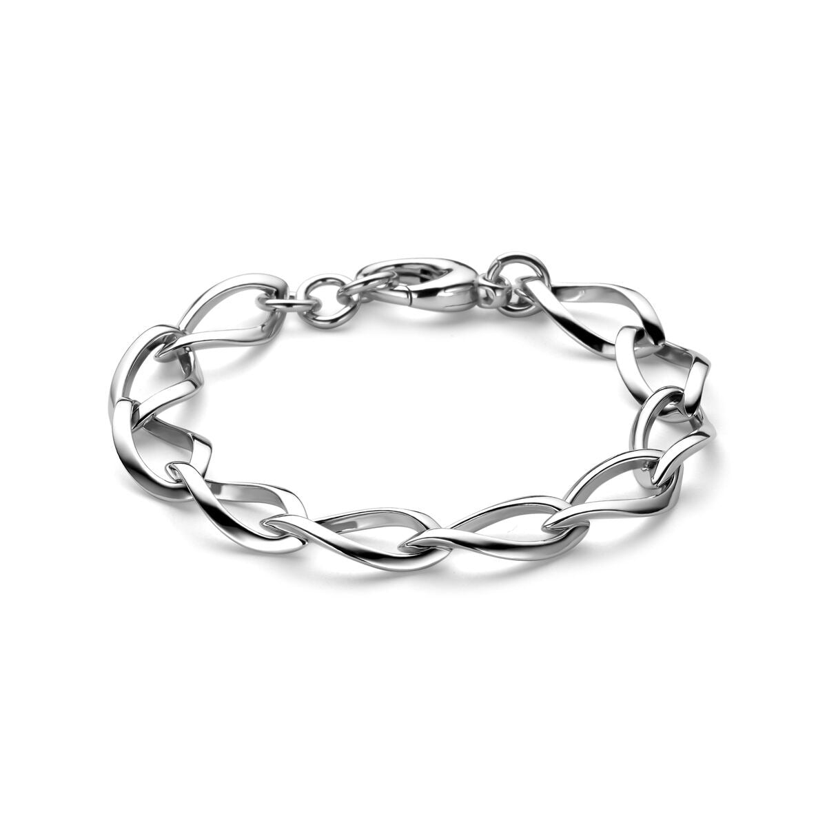 Zilveren armband gerhodineerd met brede draadschakels van 11 mm en een lengte van 20 cm.