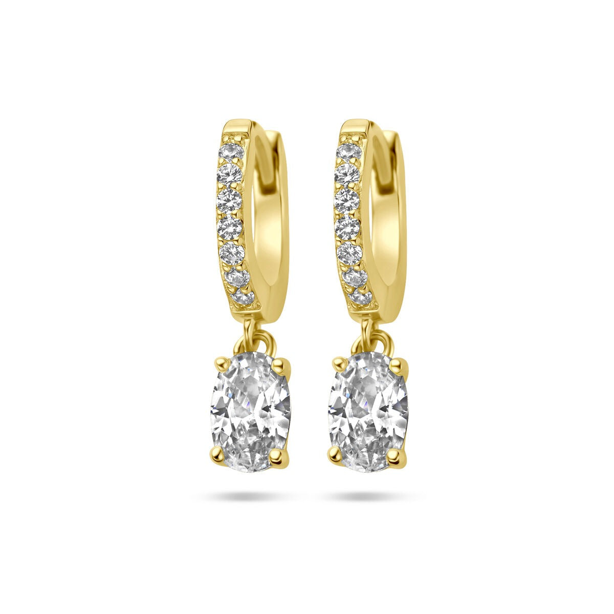 Orecchini a cerchio da donna in argento dorato color oro – zirconia a taglio ovale in castone entourage