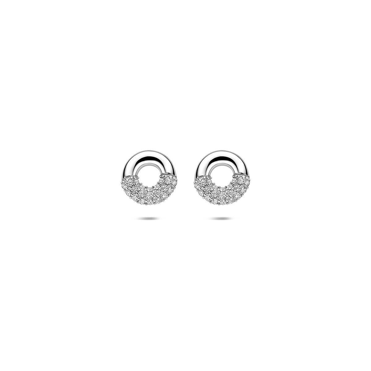 Orecchini in argento 925 rodiato con zirconi, forma rotonda e dettagli scintillanti.