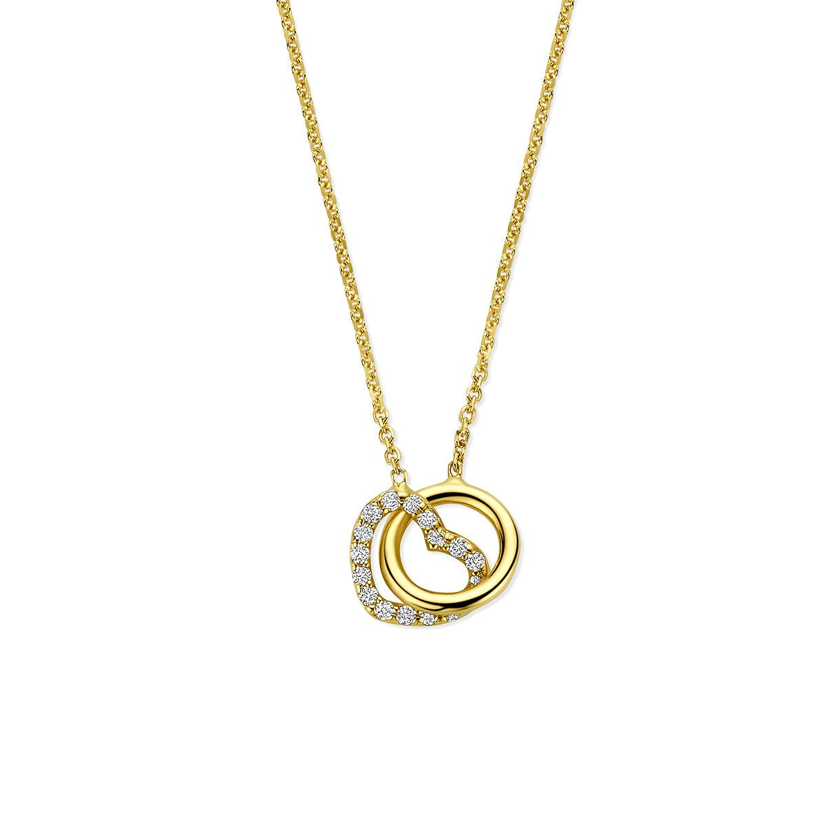 Geelgouden ketting met een hart- en rondvormige hanger, bezet met lab grown diamanten.
