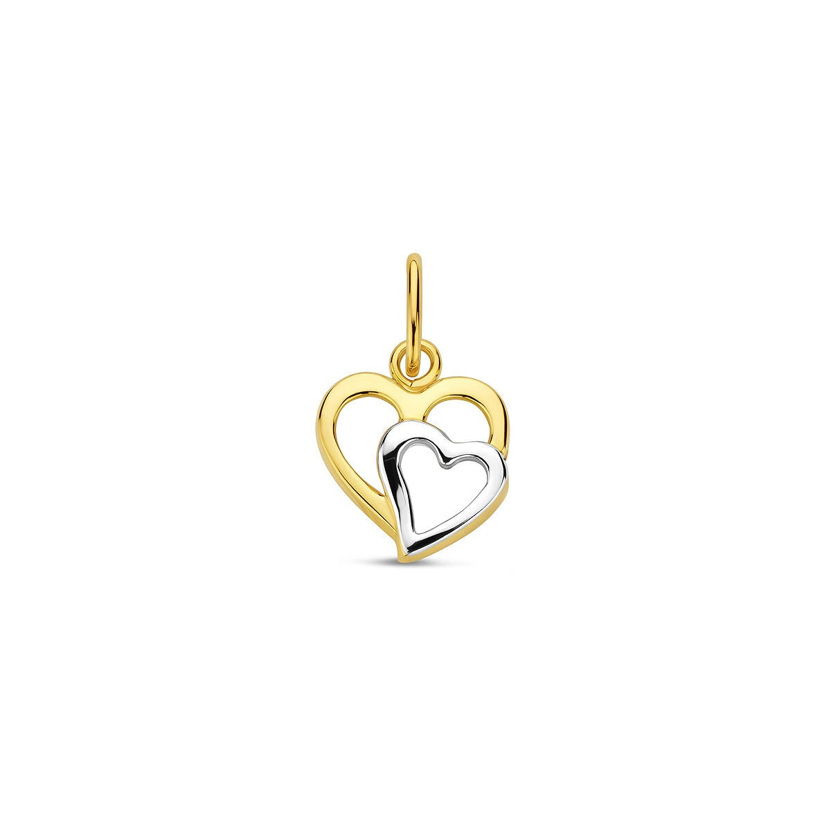 Ciondolo a forma di cuore bicolore in oro 9 carati, con un cuore dorato e uno argentato.