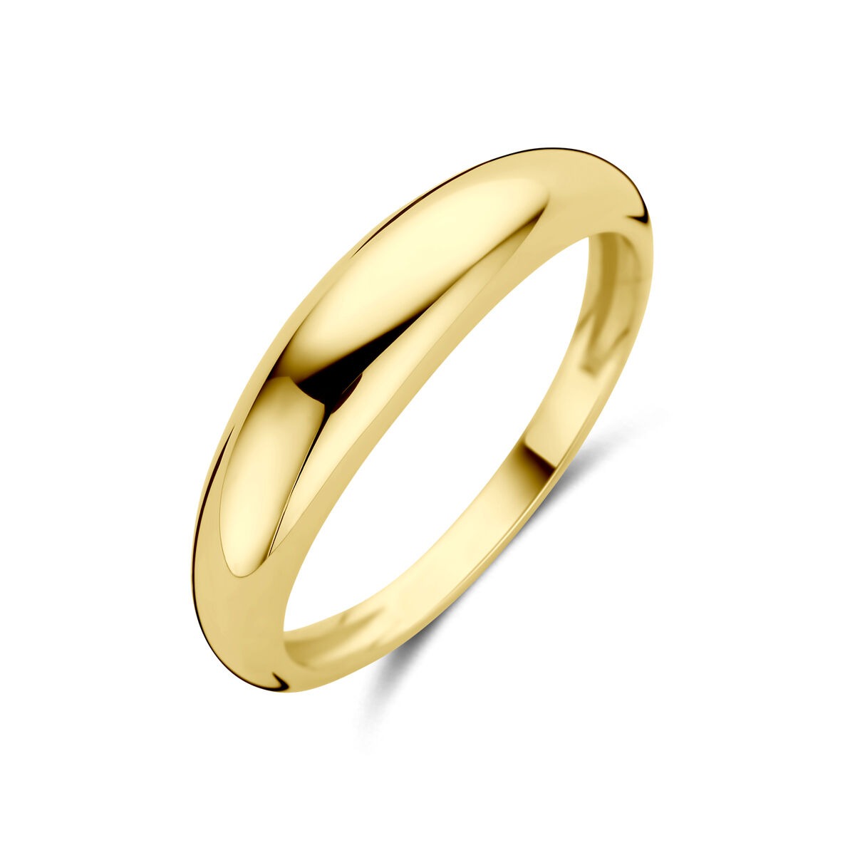 Anello in oro giallo 14k, largo 5 mm, con finitura lucida e forma liscia.