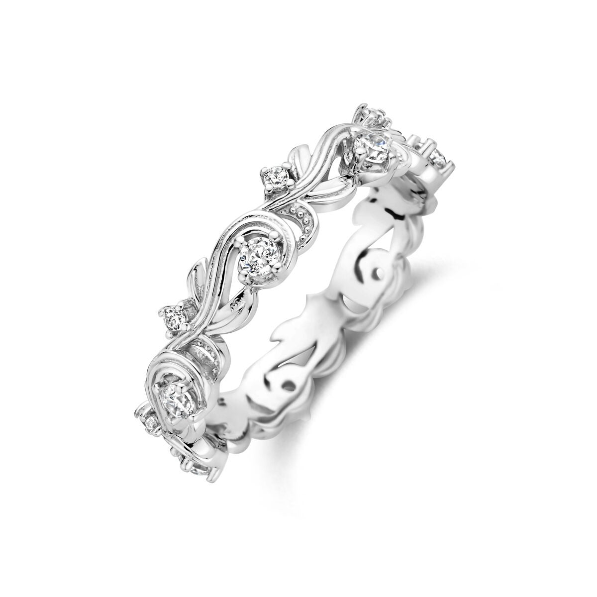 Gerhodineerde 925 zilveren ring met een golvend ontwerp en zirkonia steentjes.