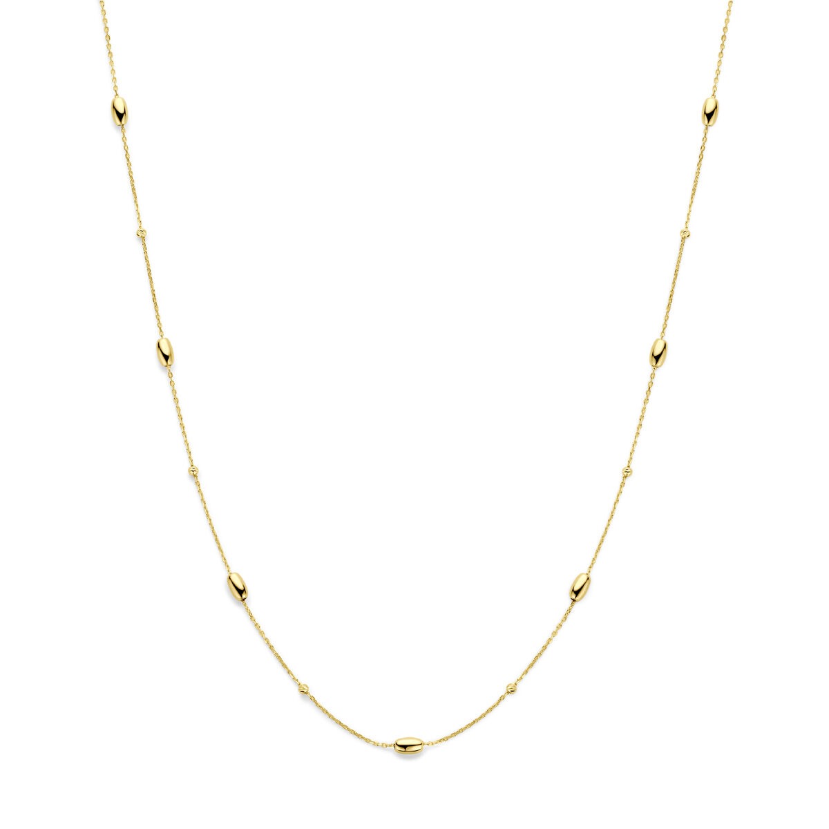 14k geelgouden collier met een afwisseling van bolletjes en staafjes in een fijne ketting.