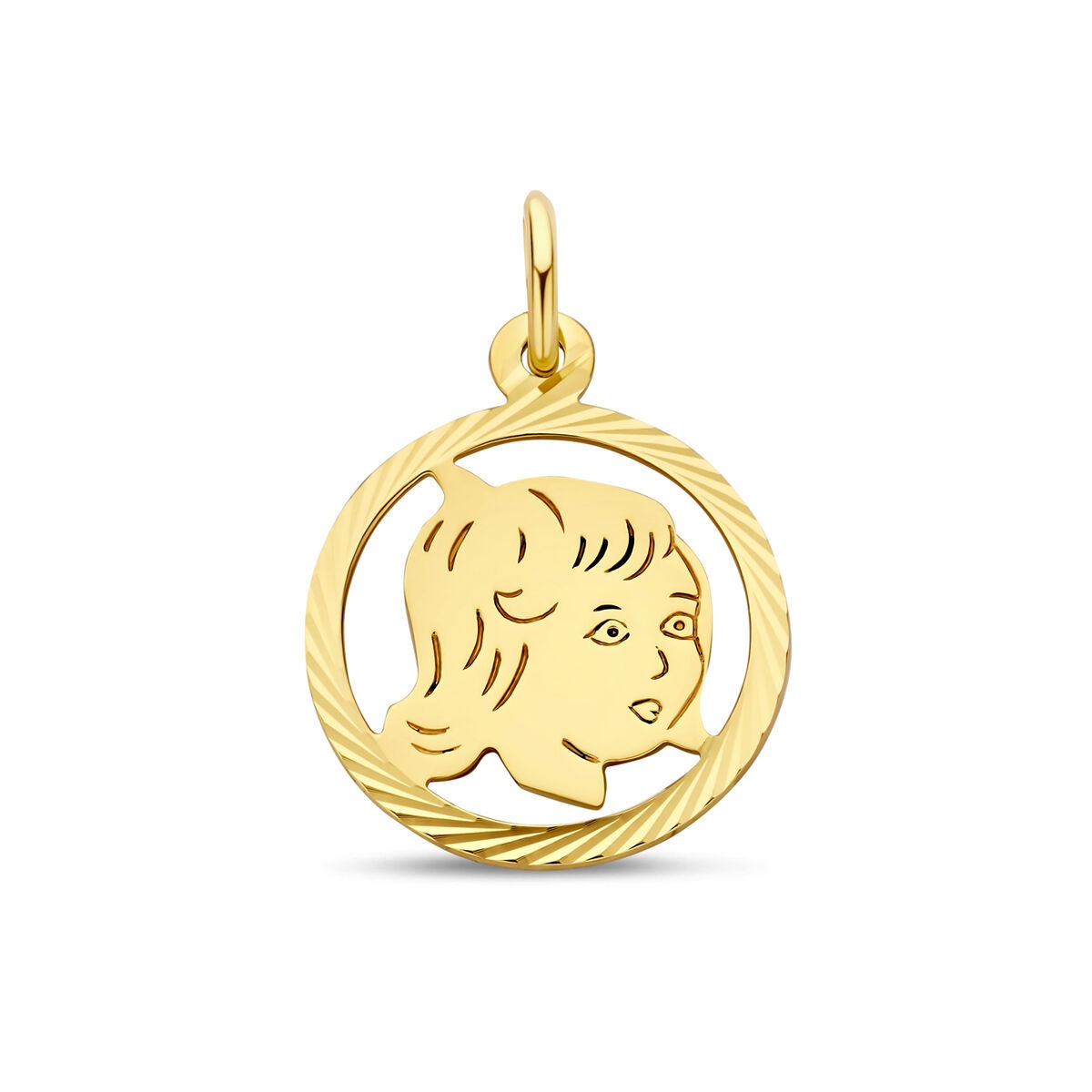 Ciondolo rotondo in oro giallo 9k con testa di bambino, diametro di 16 mm.