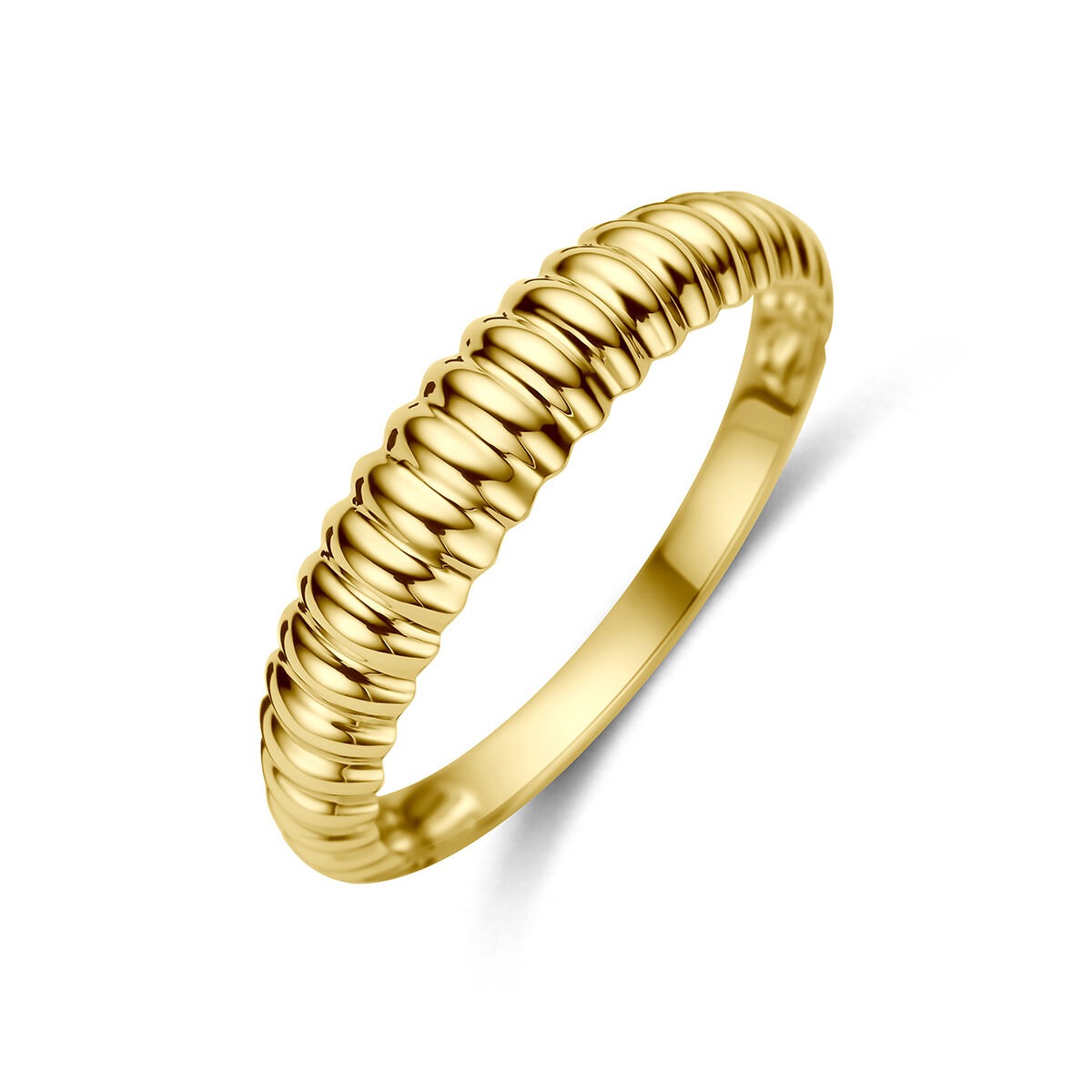Anello in oro giallo 14k, largo 4,5 mm, con finitura rigata.