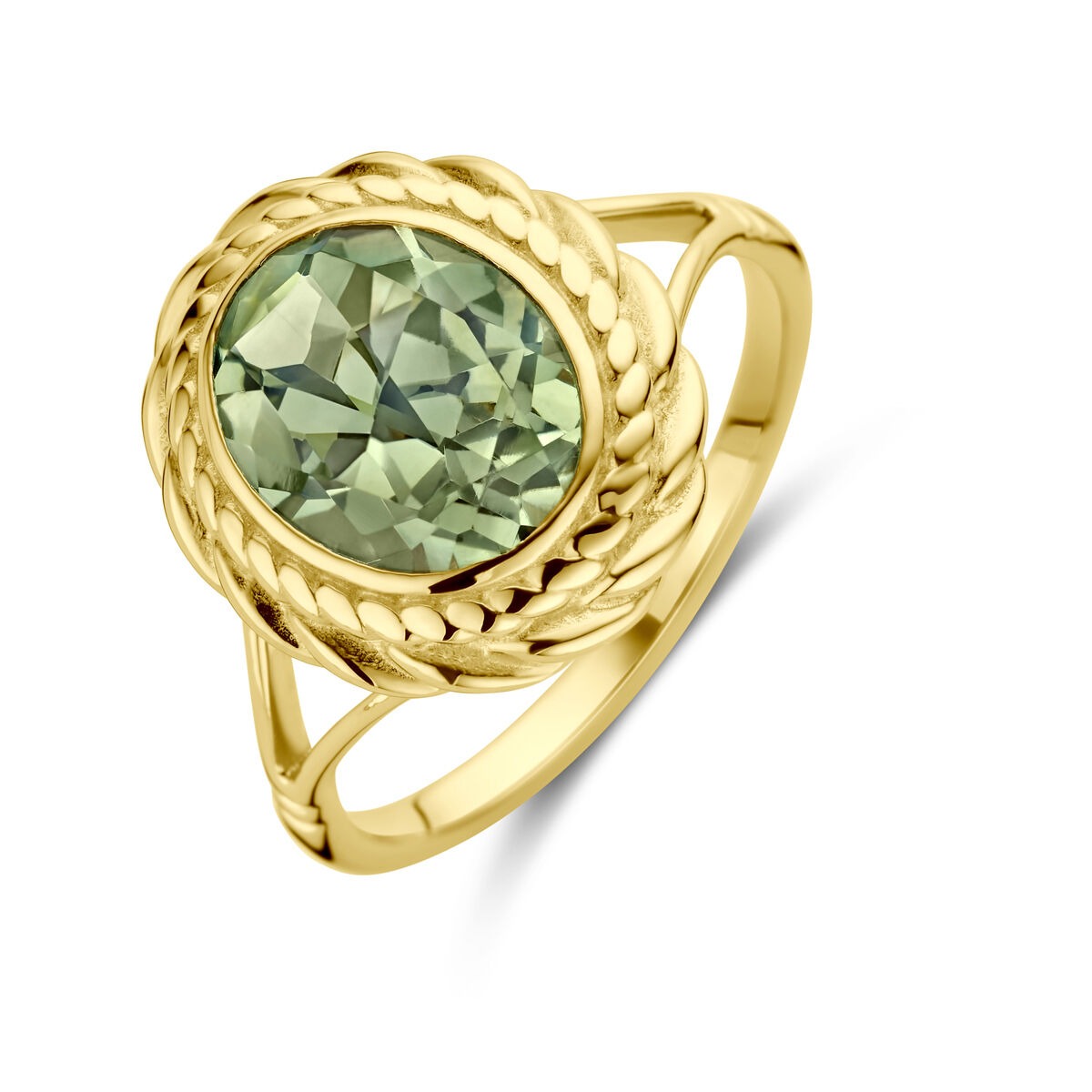 Anello in oro 14k con ametista verde – incastonatura entourage