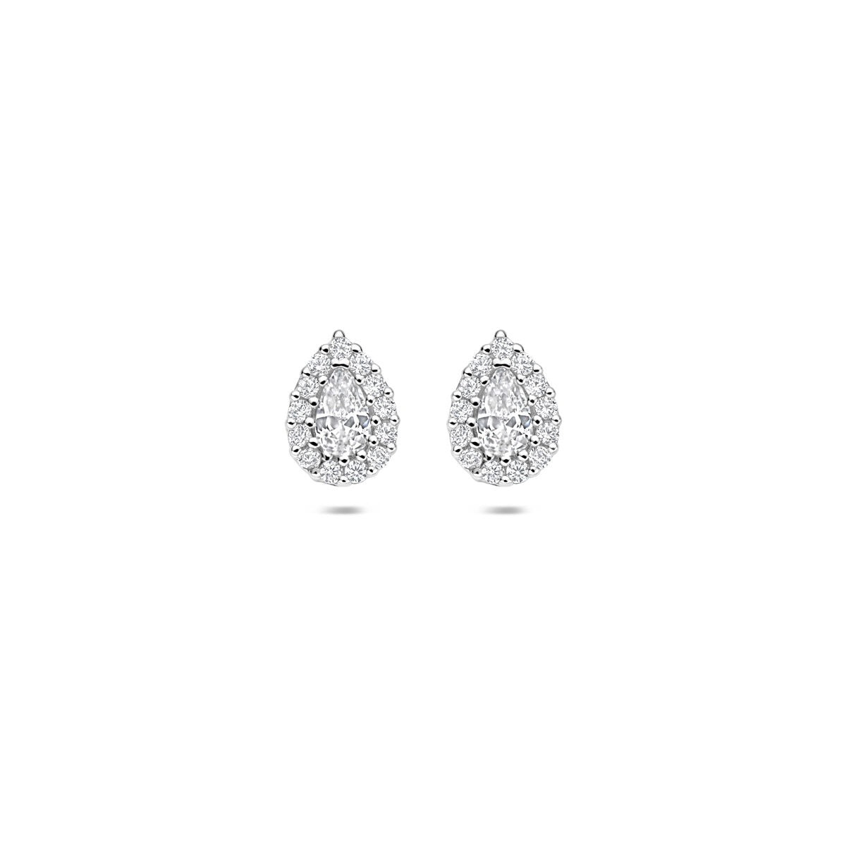 Orecchini a bottone in argento 925 rodiato con zirconi a forma di goccia.