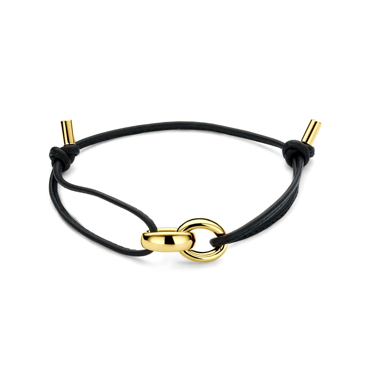 Bracciale in pelle nera con catena in oro giallo 18k e dettagli metallici.