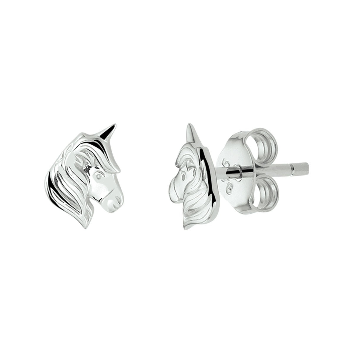 Orecchini a forma di unicorno in argento 925 rodiato, dettagli lucidi e design giocoso.