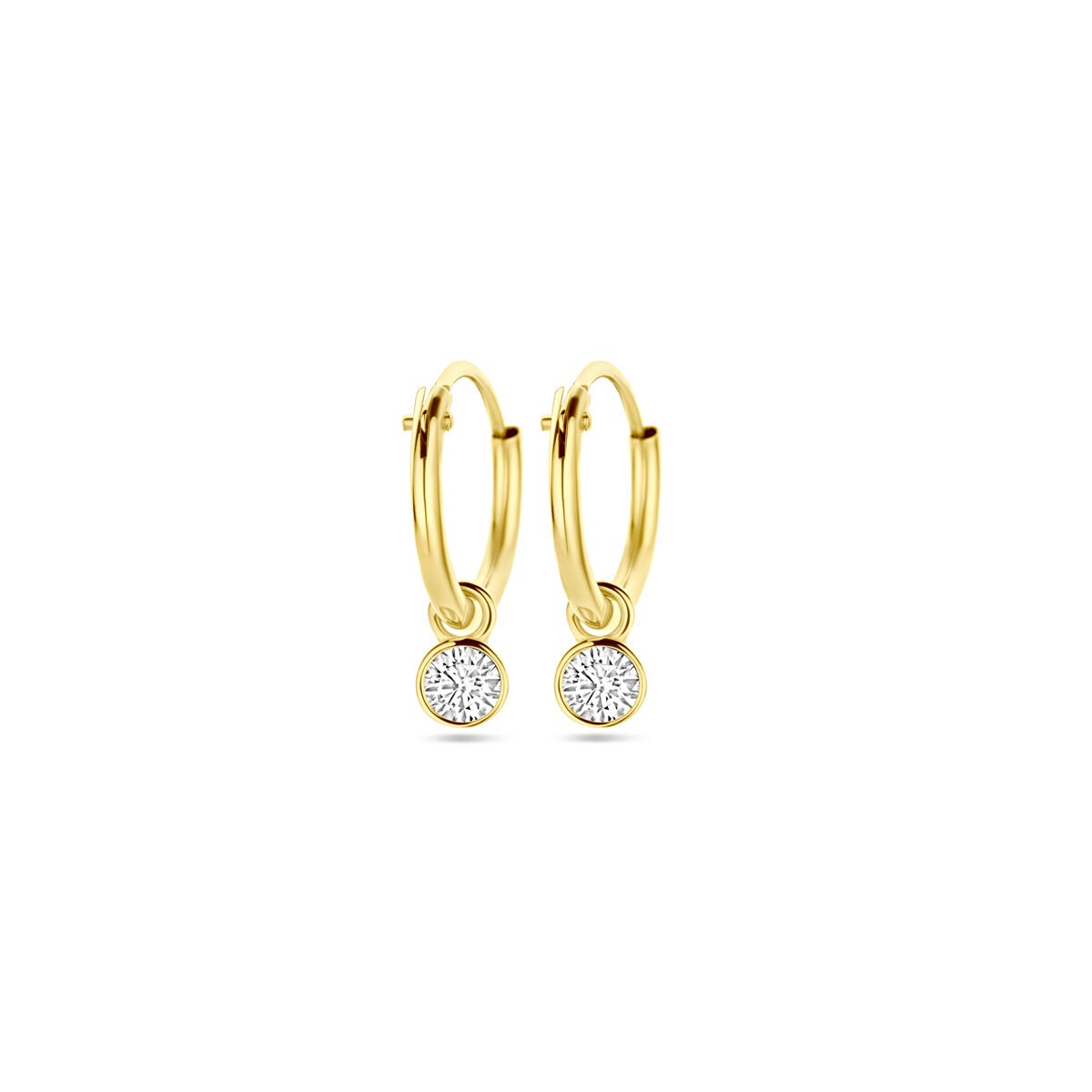 Orecchini in oro 14k con zircone, forma rotonda con castone.