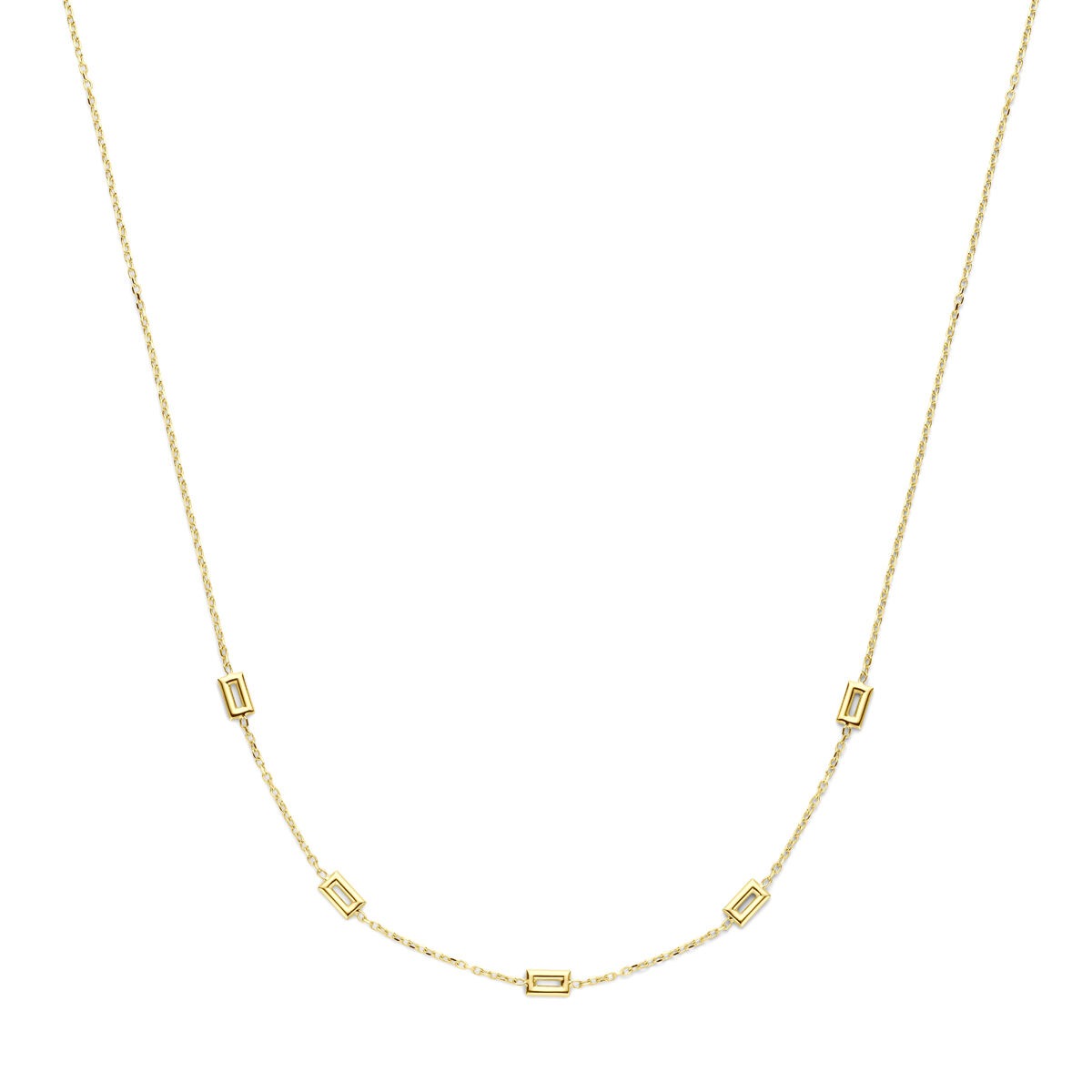 Collana in oro giallo 14k con maglie sottili e dettagli rettangolari, lunghezza 43 cm.