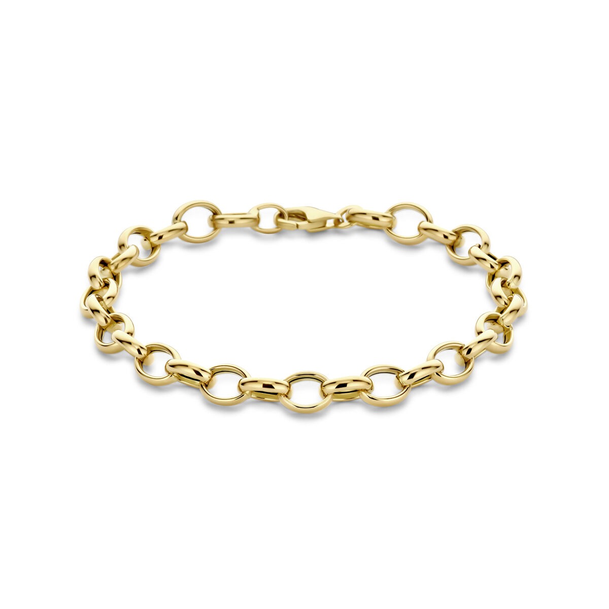 Bracciale in oro giallo 14k con maglie fantasia, design elegante e caratteristico.