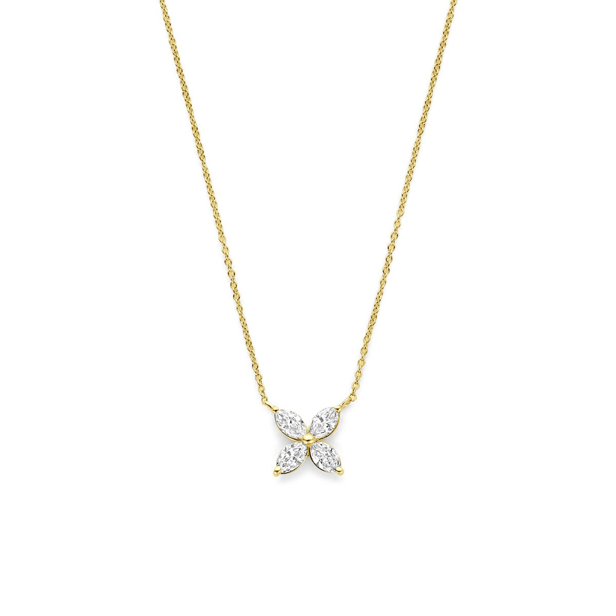 Geelgouden collier met een bloemvormige hanger bezet met lab grown diamanten.