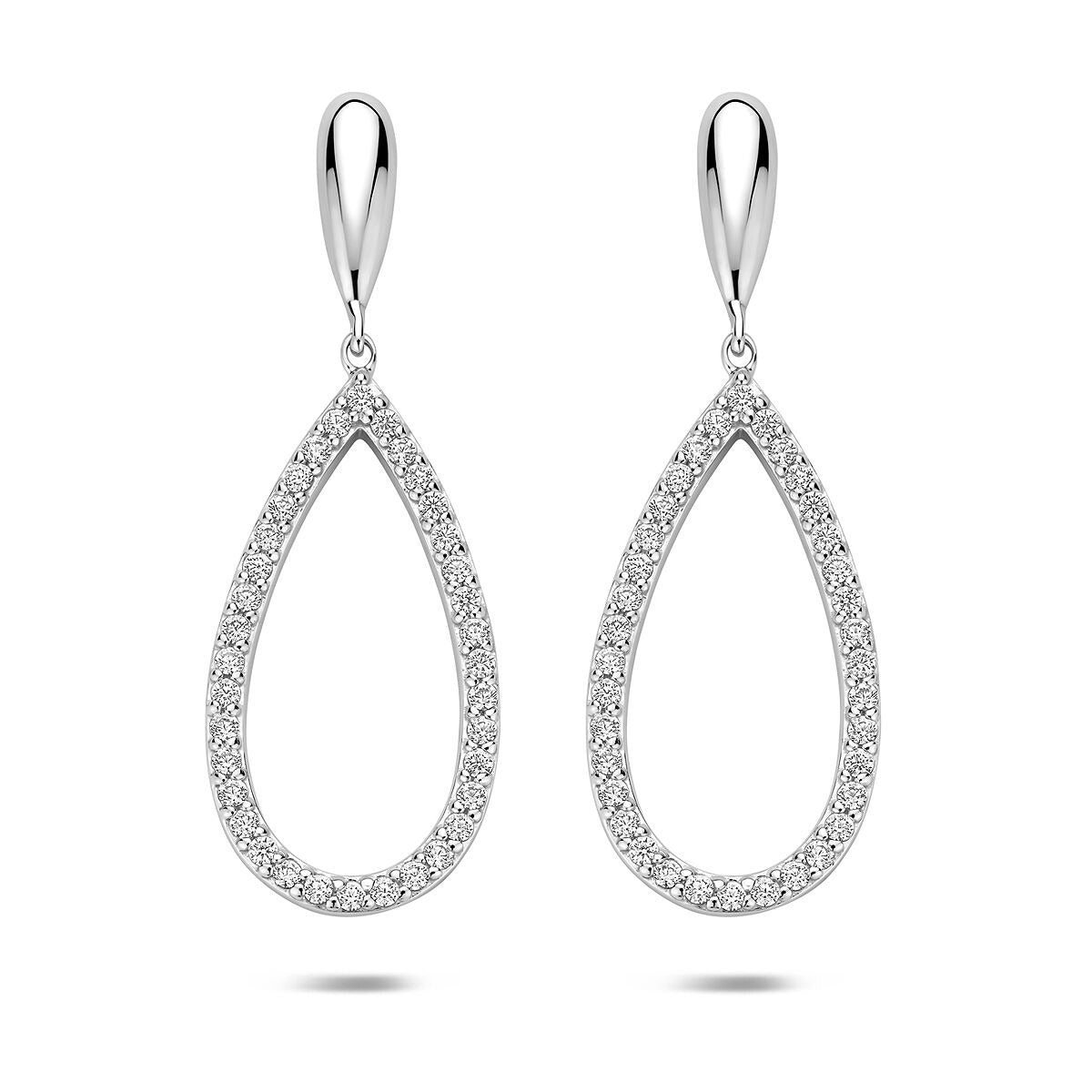 Orecchini pendenti in argento rodiato 925 con zirconi, forma a goccia, lunghezza 43 mm.