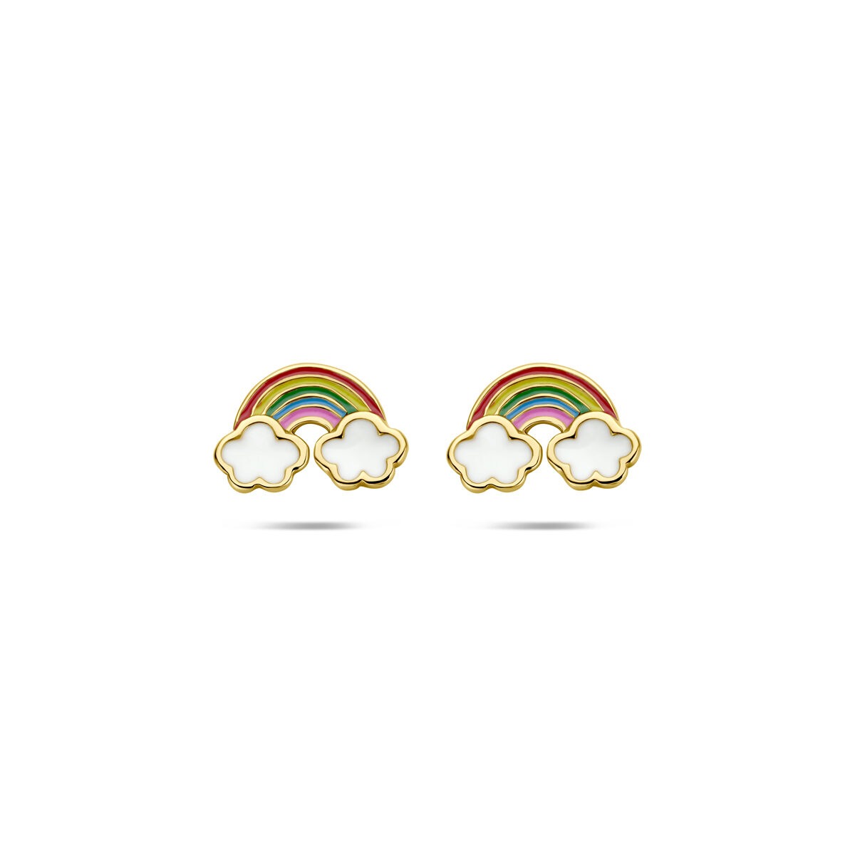 Orecchini per bambini in argento 925 placcato oro, con arcobaleno e nuvole bianche.