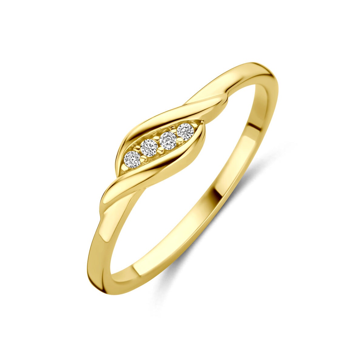 Anello in oro giallo 9k con zircone centrale e design intrecciato.