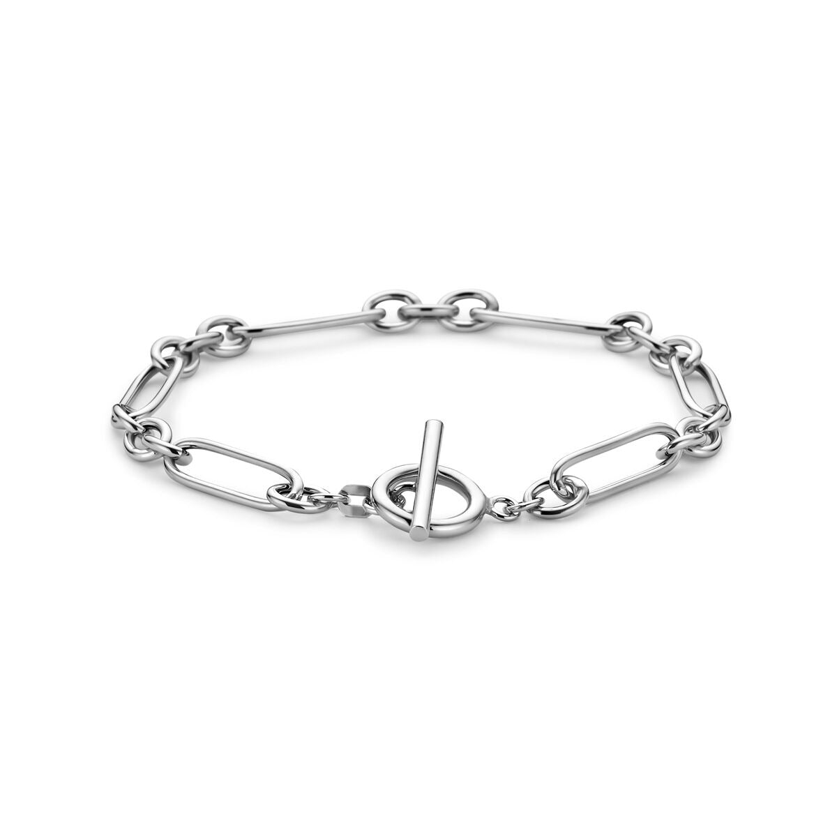 Gerhodineerde zilveren schakelarmband met ankerdesign en een sluiting in de vorm van een T.