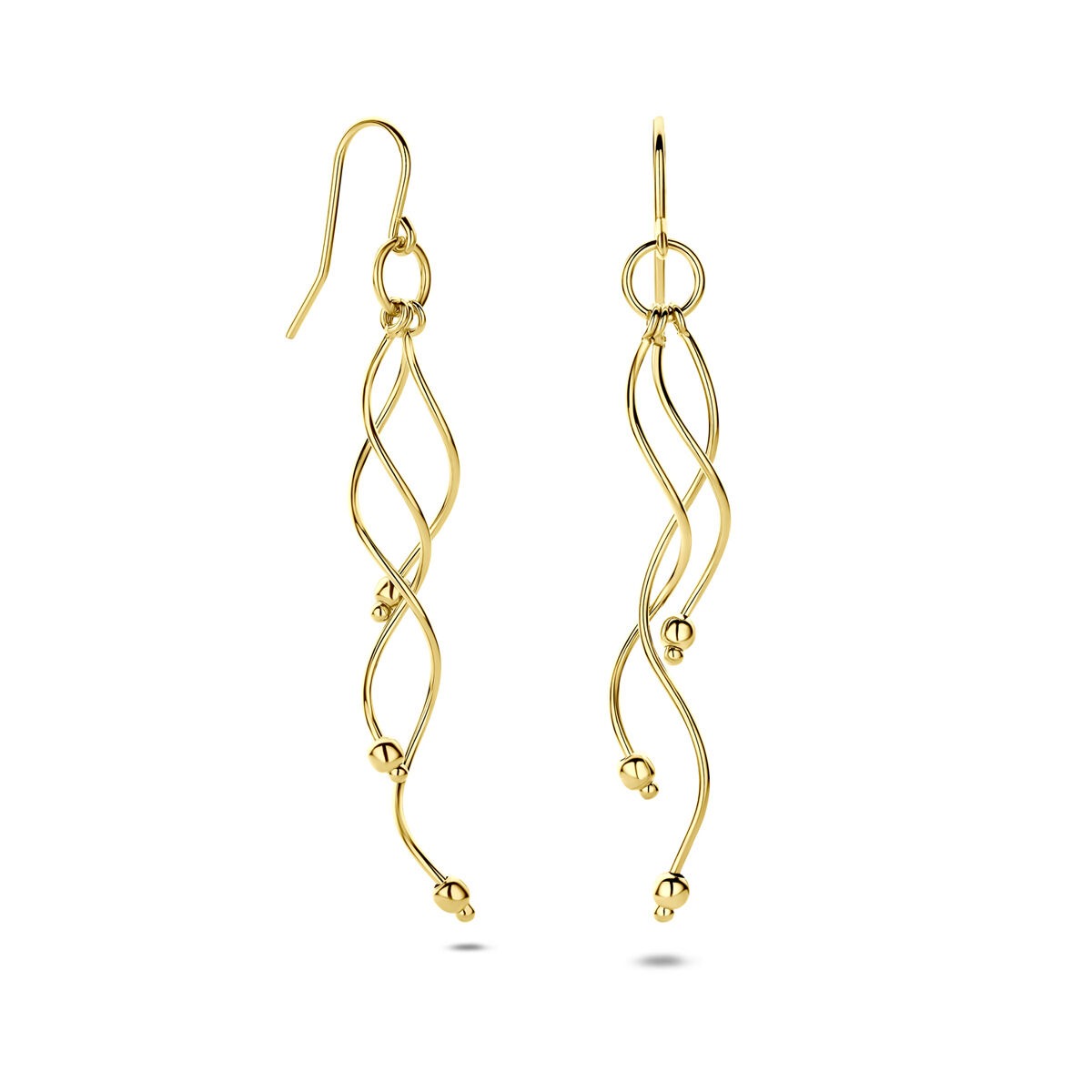 Orecchini in oro giallo 14k con design a spirale e pallini decorativi.