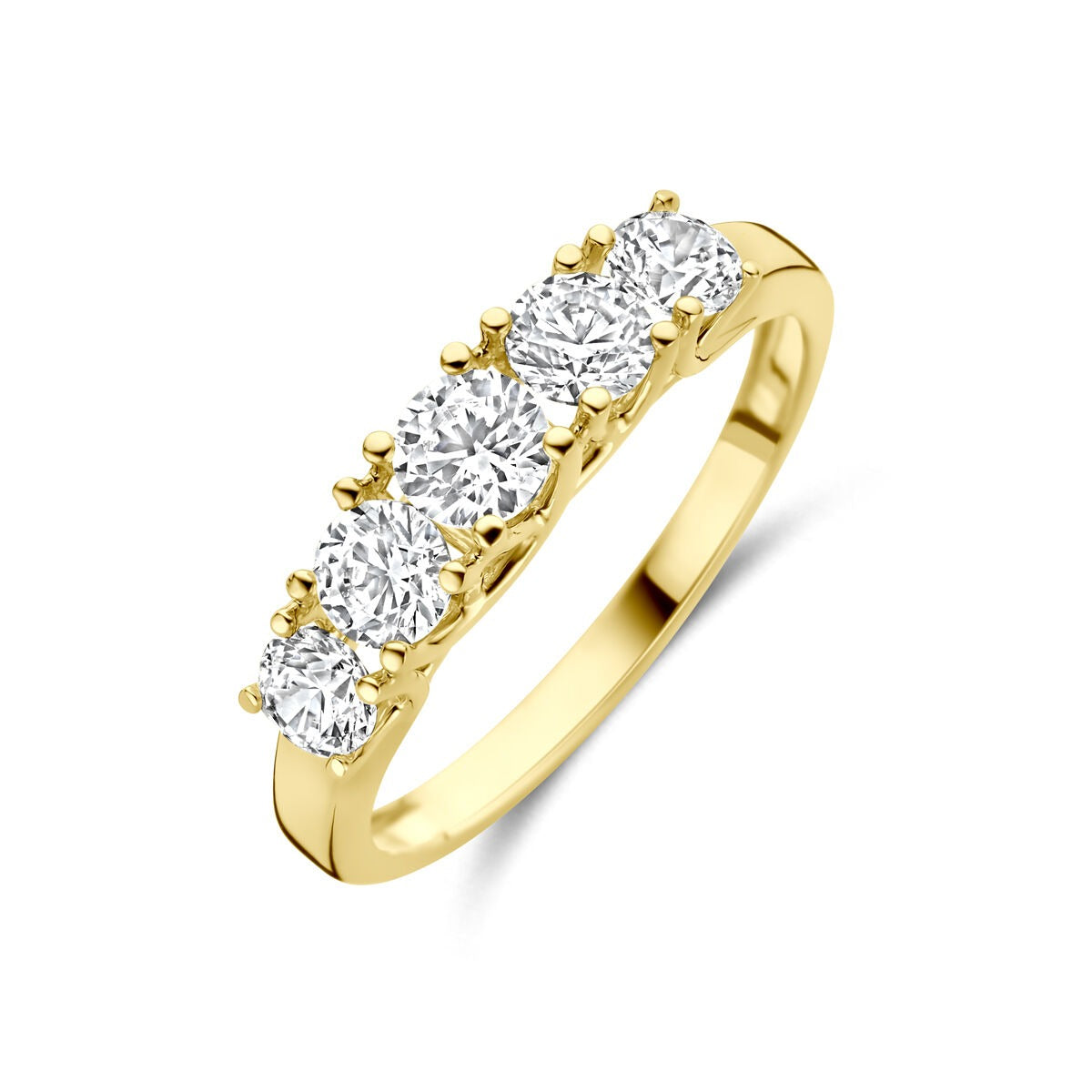 Anello da donna in oro giallo 14k con zirconi, cinque pietre rotonde incastonate.