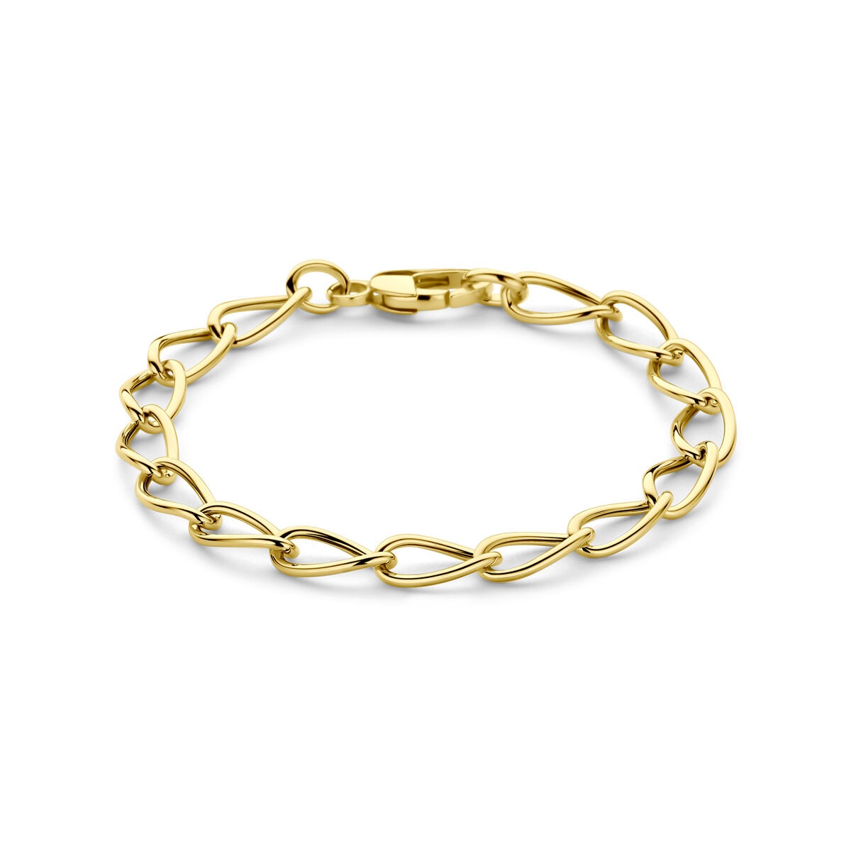 Bracciale in oro giallo 14k con maglie ad ancoraggio, lunghezza 19 cm.