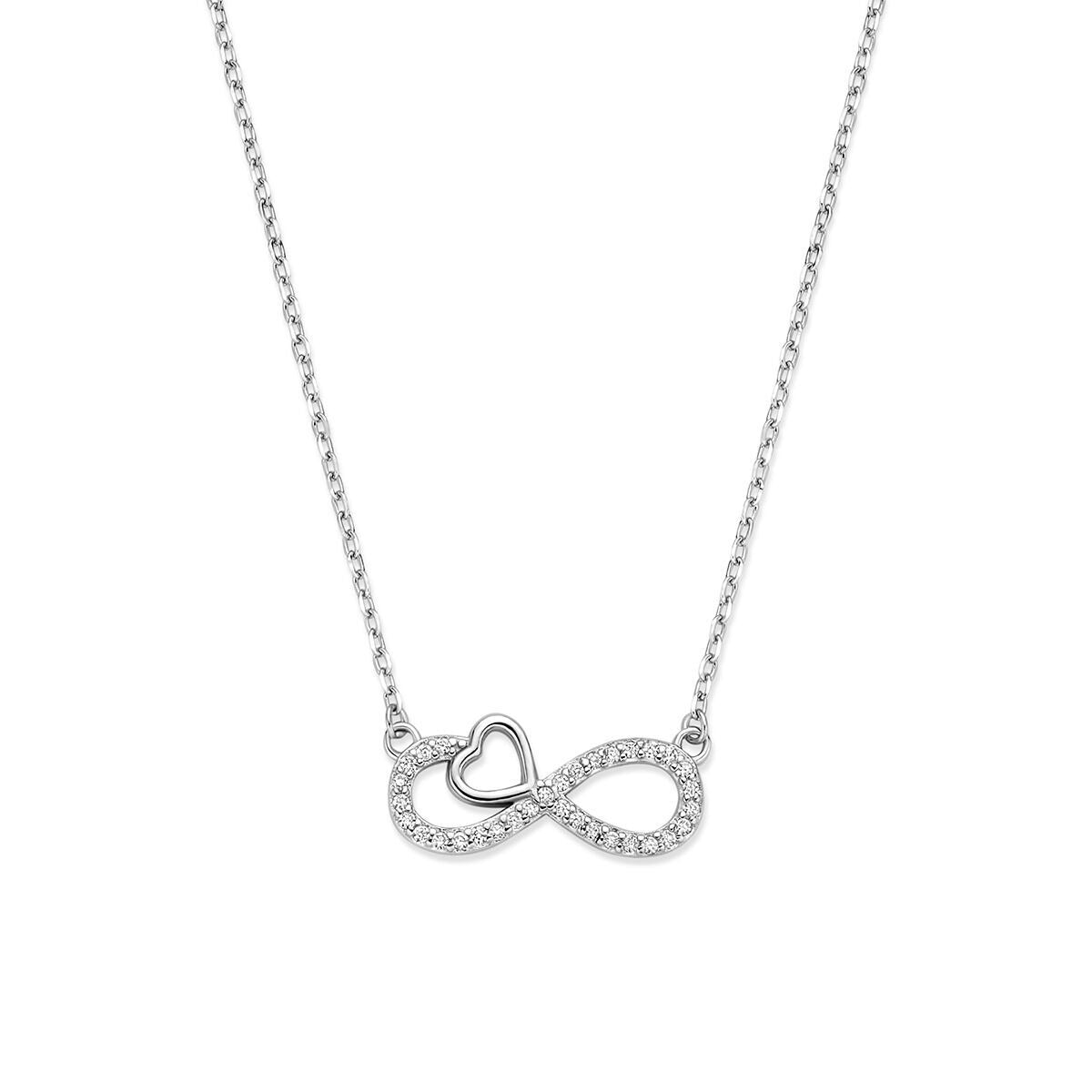 Gerhodineerd 925 zilveren collier met een infinity-teken, hartje en zirkonia-steentjes.