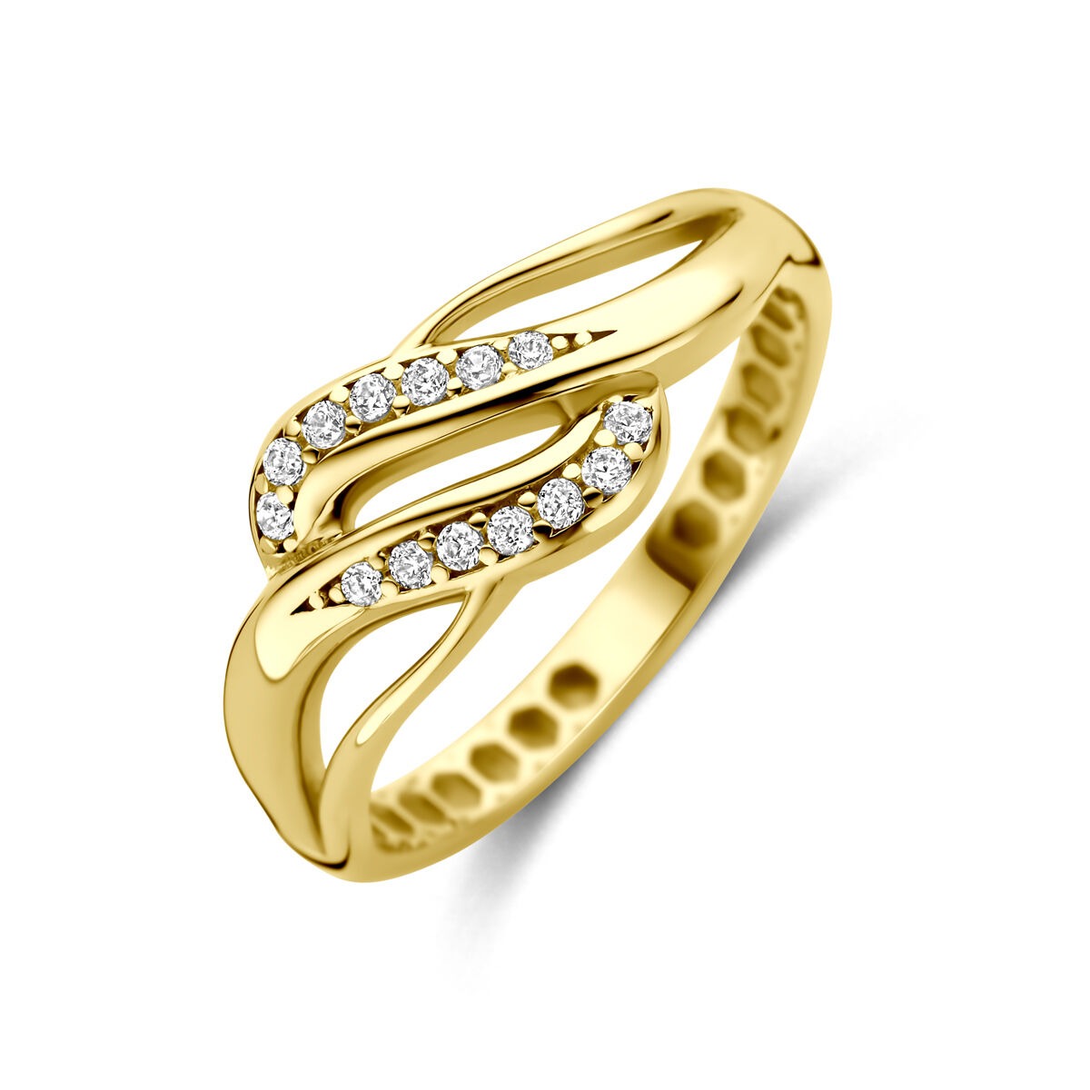 Anello da donna in oro giallo 14k con zircone, design ondulato e dettagli lucidi.
