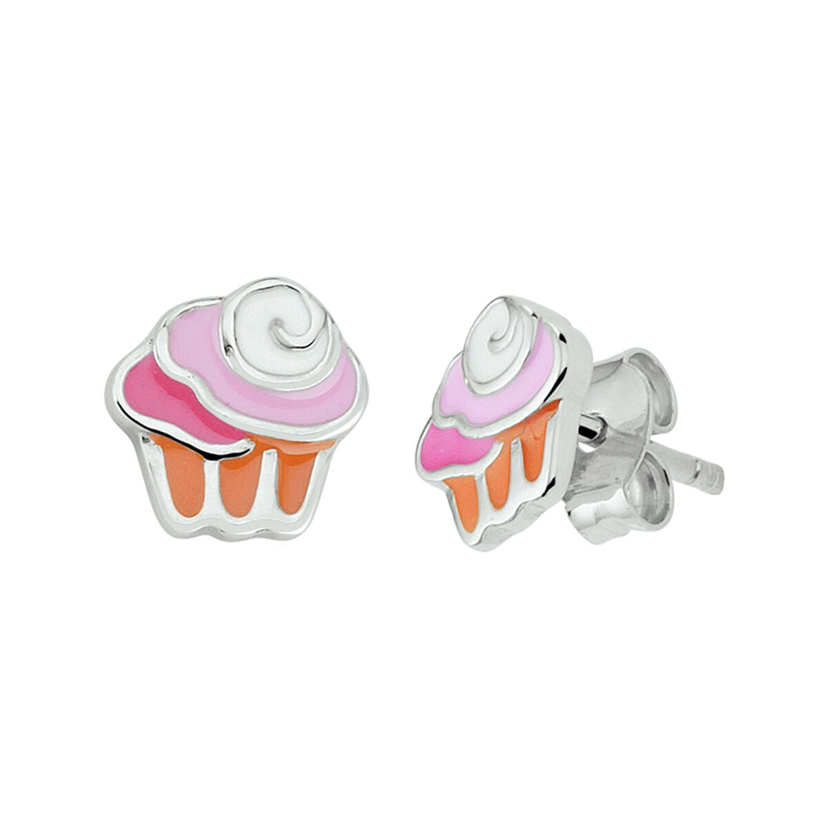 Orecchini a forma di cupcake in argento rodiato con smalto colorato rosa e arancione.