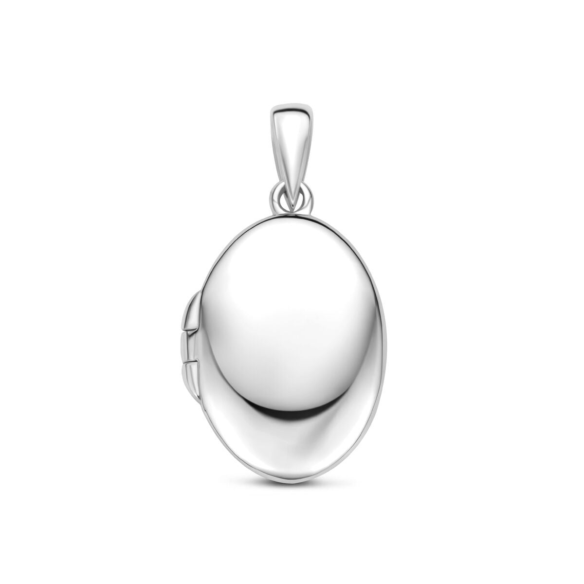 Ciondolo medaglione in argento 925 rodiato, di forma ovale e superficie lucida.