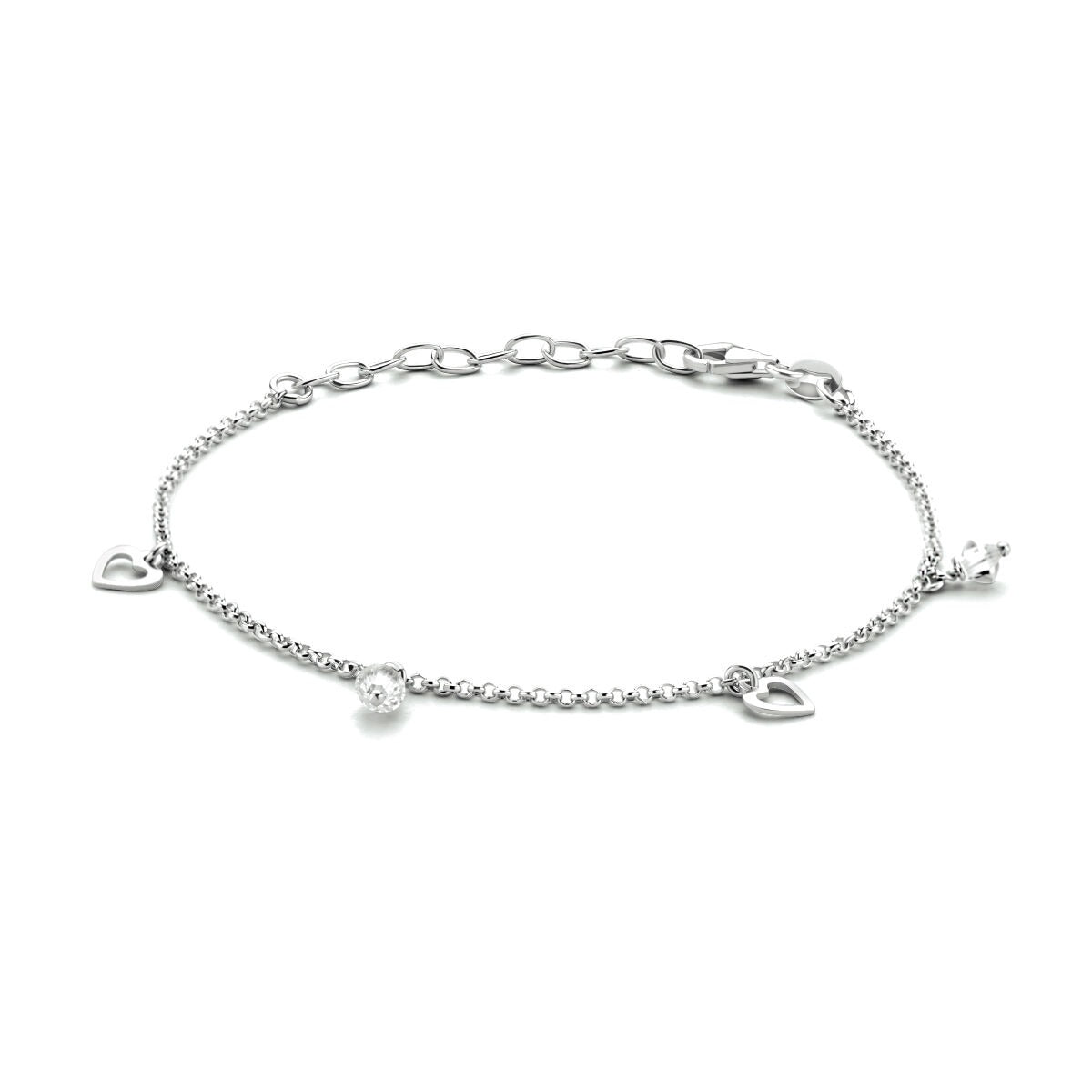 Bracciale per caviglia in argento 925 rodiato con pietra trasparente e pendenti a forma di cuore.