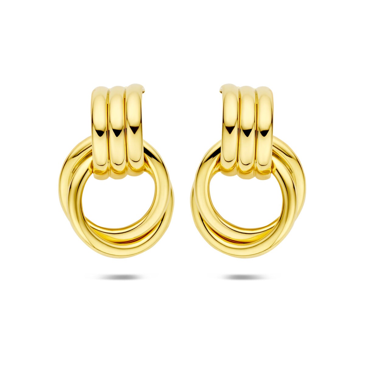 Orecchini a stecca in argento 925 dorato, forma circolare con tre anelli sovrapposti.