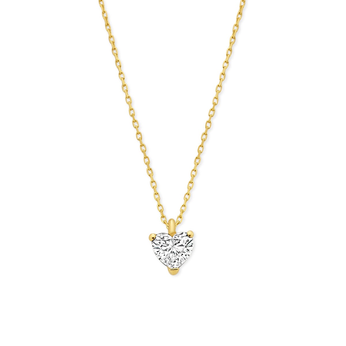 Geelgouden ketting met hartvormige lab grown diamant van 1.00ct in een vierpootzetting.