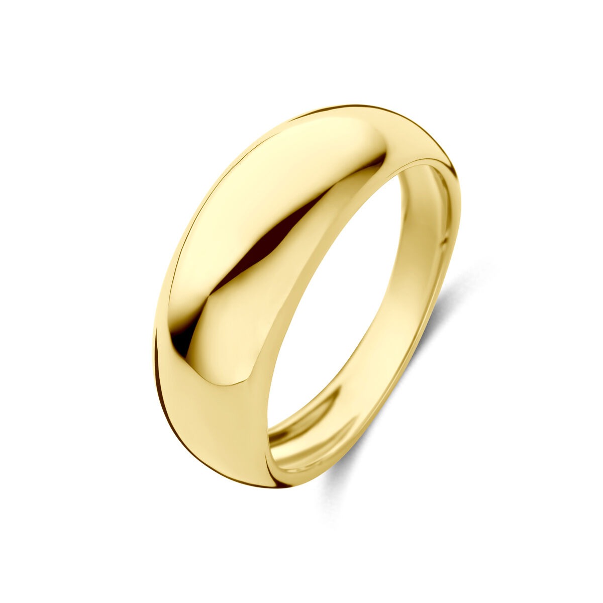 Anello in oro giallo 14k, finitura lucida, larghezza 7,5 mm.