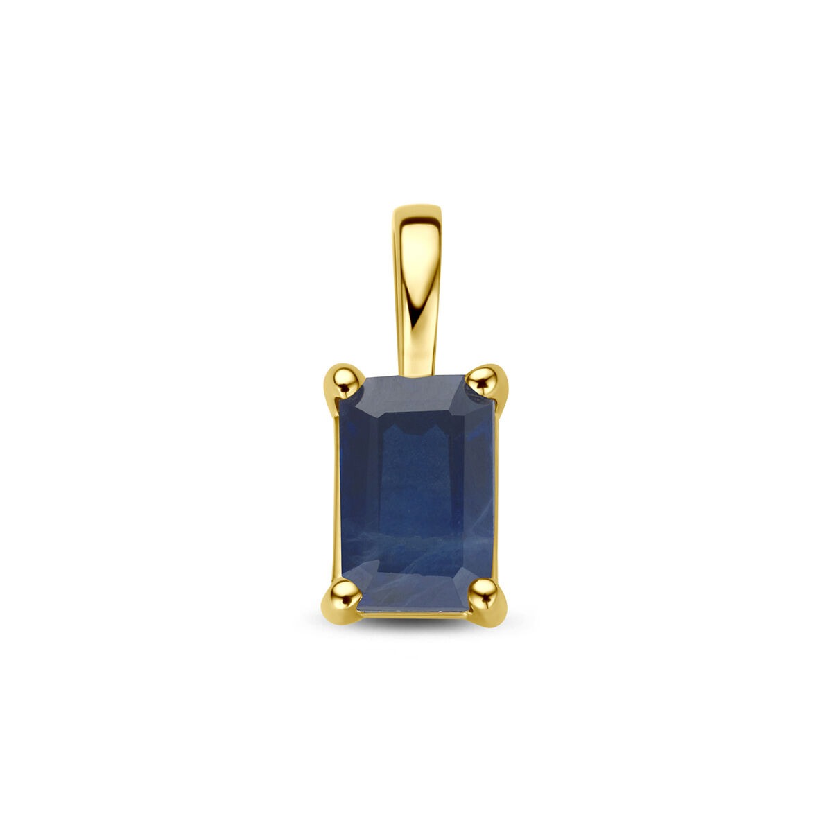 Ciondolo in oro giallo 14k con zaffiro rettangolare incastonato.