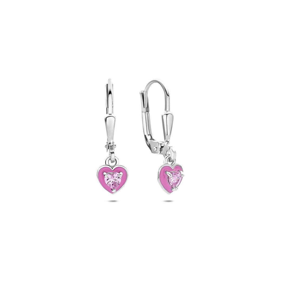 Gerhodineerd 925 zilveren hart oorhangers met roze emaille en zirkonia