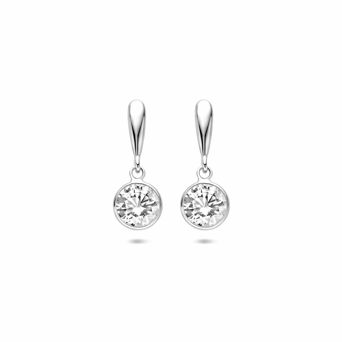 Orecchini pendenti rotondi in argento con zirconi, diametro 18 mm.