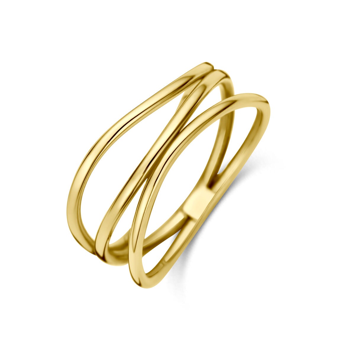 Anello in oro giallo 14k, largo 8,5 mm, con design intrecciato.