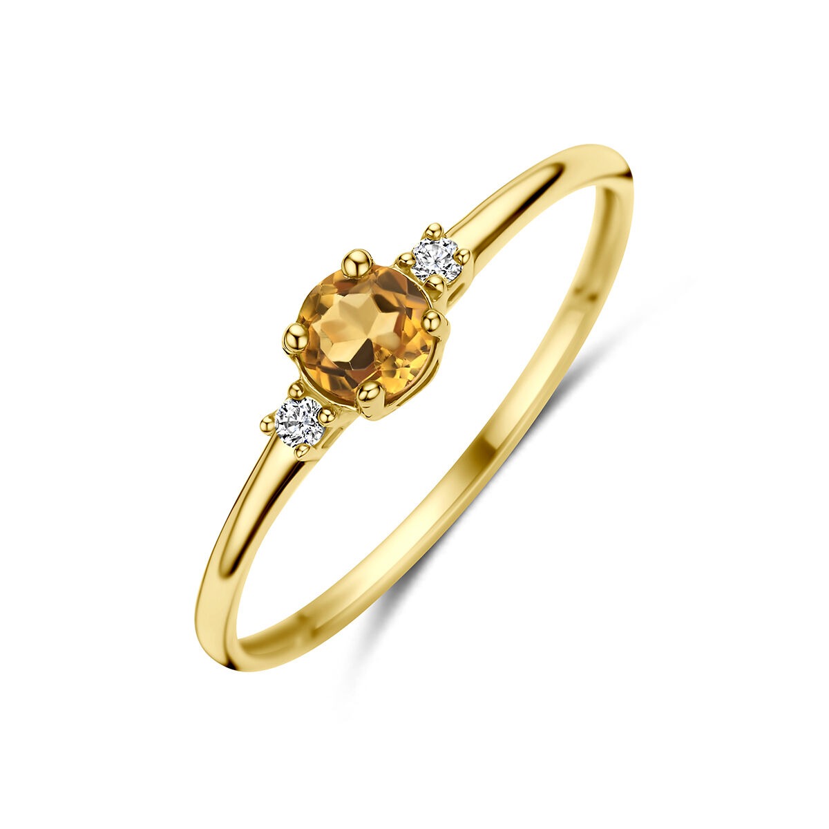 Anello in oro giallo 14k con citrino centrale e zirconi ai lati.