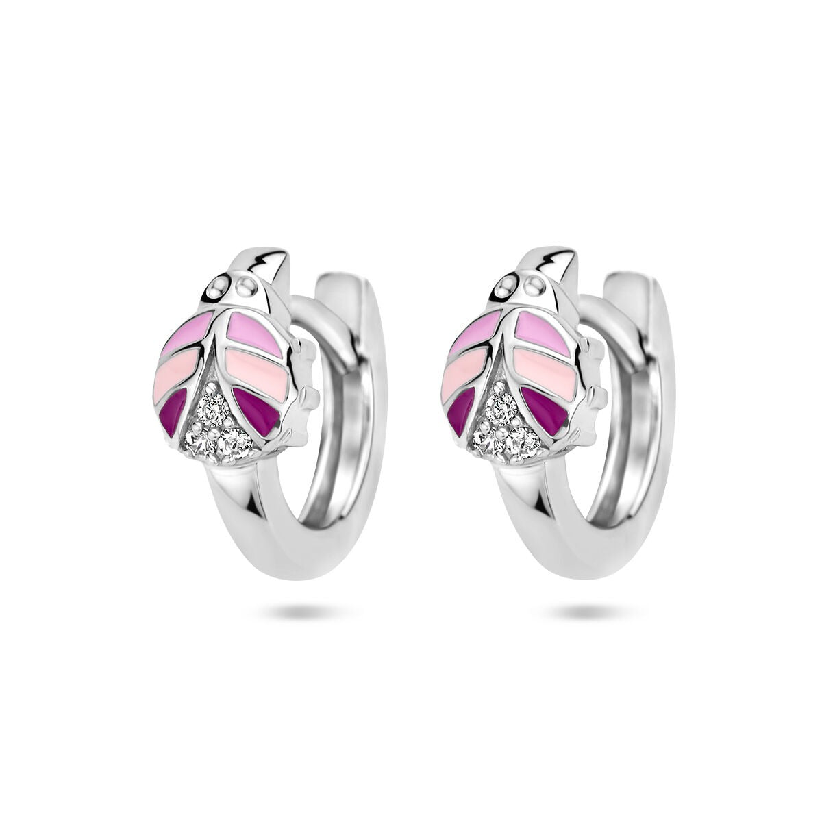 Orecchini per bambini in argento 925 rodiato con coccinella smaltata e zirconi.
