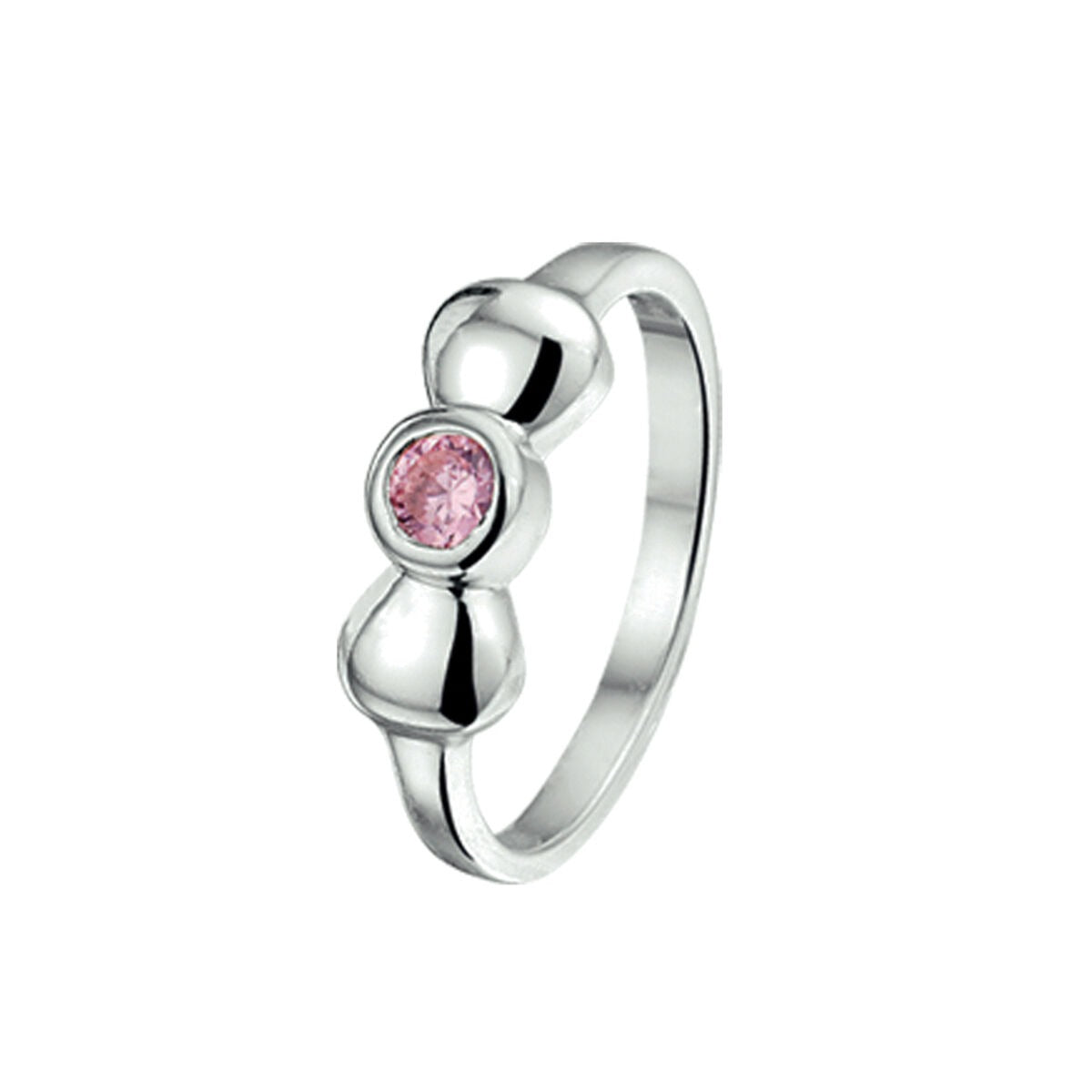 Anello in argento rodiato per bambini con fiocco e zircone rosa.