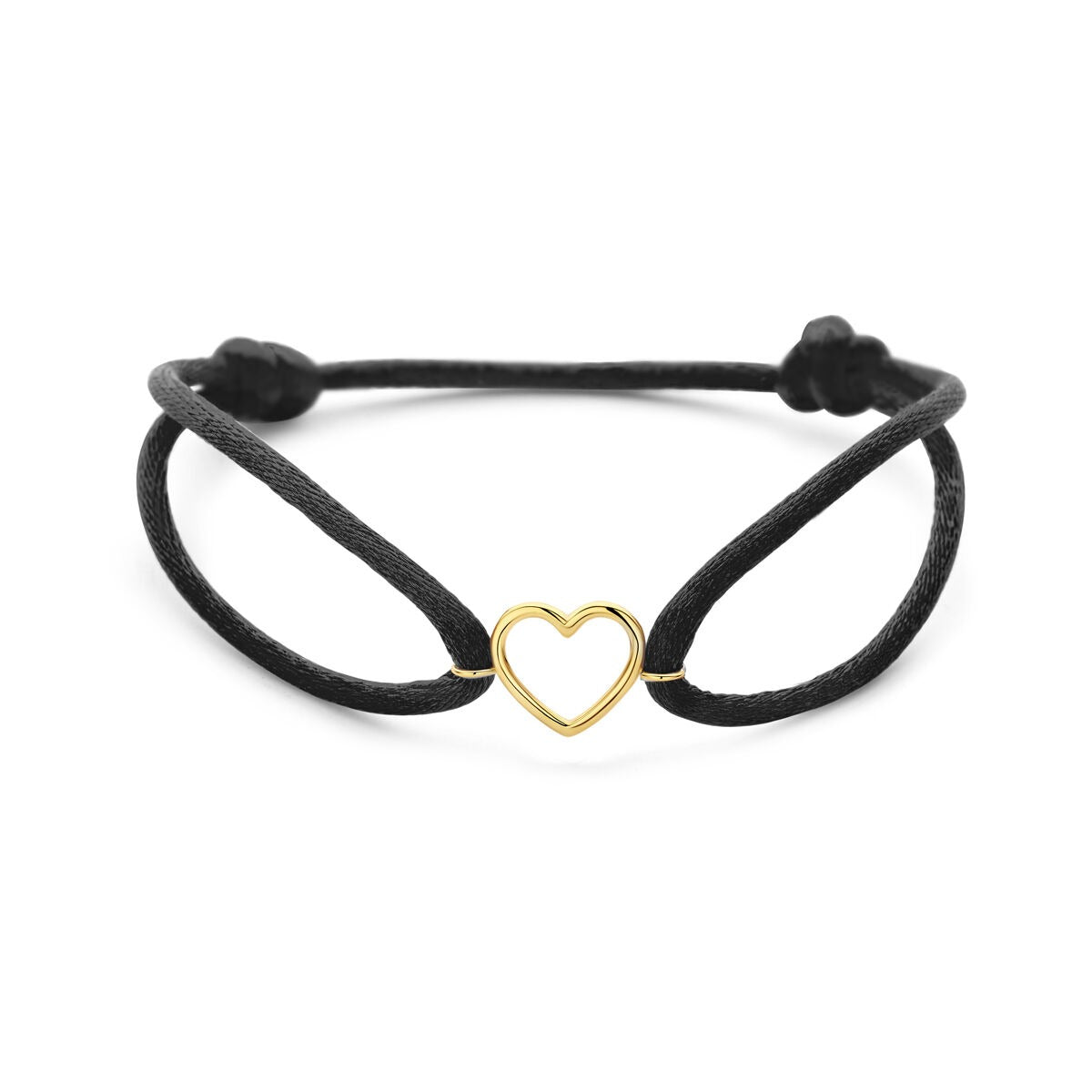 Bracciale in satin nero con cuore in oro giallo 14k.