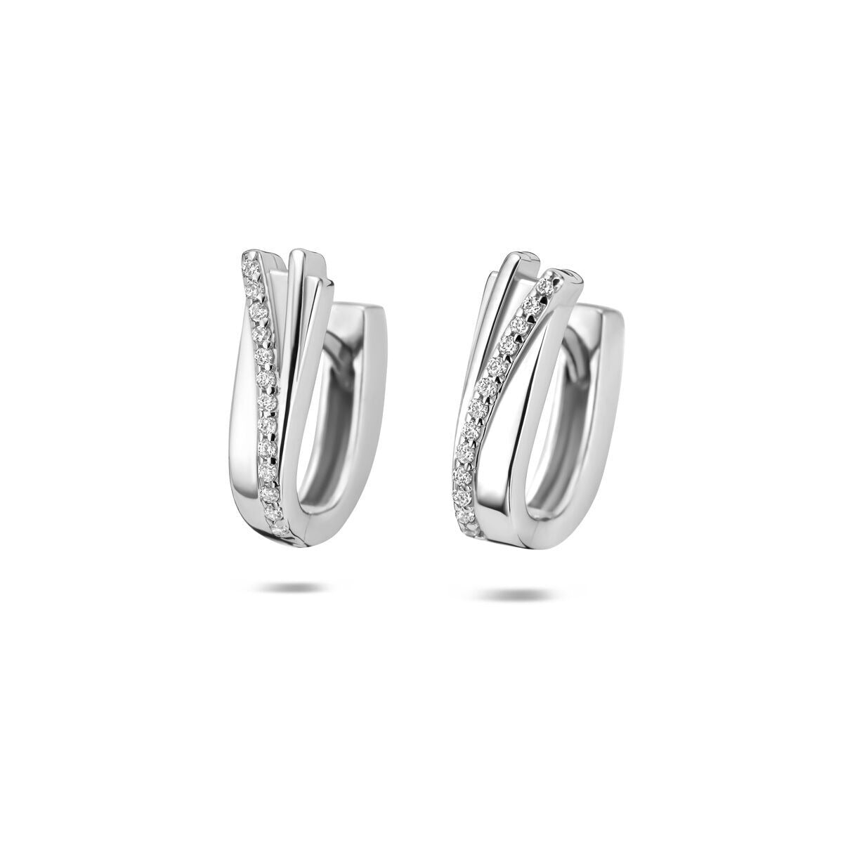 Orecchini alla creola in argento 925 rodiato con zircone, design a doppia fascia.