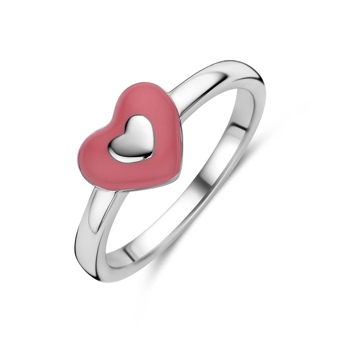Anello in argento 925 rodiato con cuore in smalto rosa.